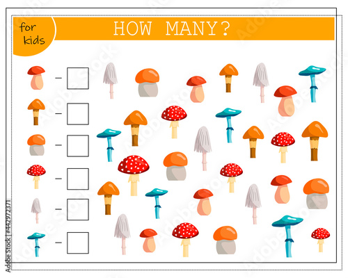 Math game for children, count how many autumn trees. Vector isolated on a white background