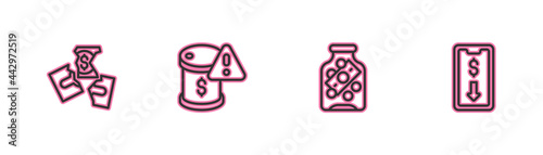 Set line Tearing money banknote, Glass jar with coin, Drop crude oil price and Mobile stock trading icon. Vector