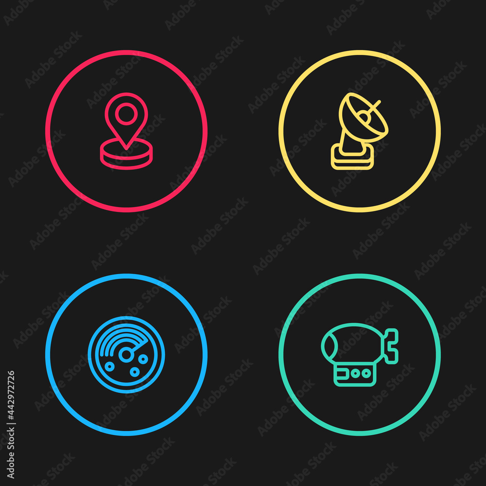 Set line Radar with targets on monitor, Airship, and Location icon. Vector