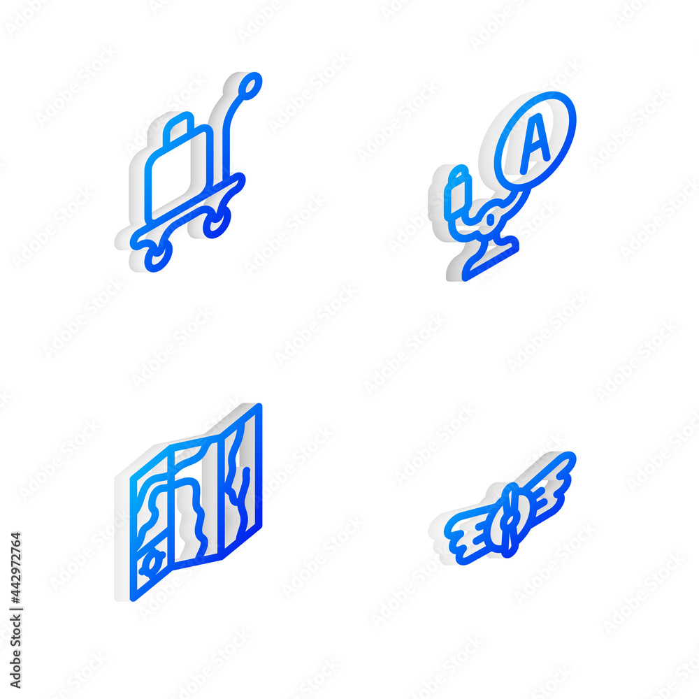 Set Isometric line Aircraft steering helm, Trolley baggage, World travel map and Aviation emblem icon. Vector Set Isometric line Aircraft steering helm, Trolley baggage, World travel map and Aviation emblem icon. Vector