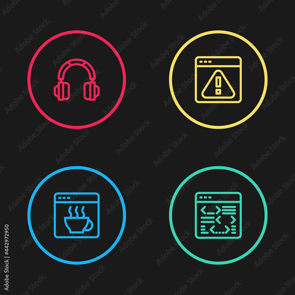 Set line Software, , Browser with exclamation mark and Headphones icon. Vector Set line Software, , Browser with exclamation mark and Headphones icon. Vector