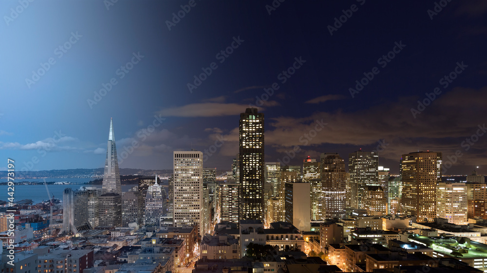 San Francisco Skyline twilight transition San Francisco Skyline twilight transition