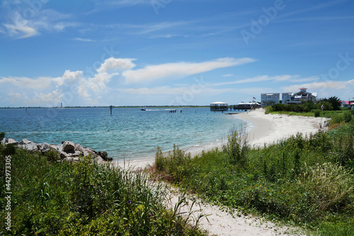 Sandy beach at the mouth of the Cape Fear River in Southport NC