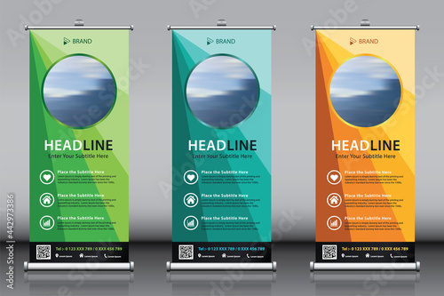 Roll up banner design collection with blue green yellow colorful background and image. Editable vertical template 3 vector set, modern standee and flag banner
