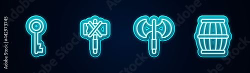 Set line Old key, Medieval axe, poleaxe and Gun powder barrel. Glowing neon icon. Vector