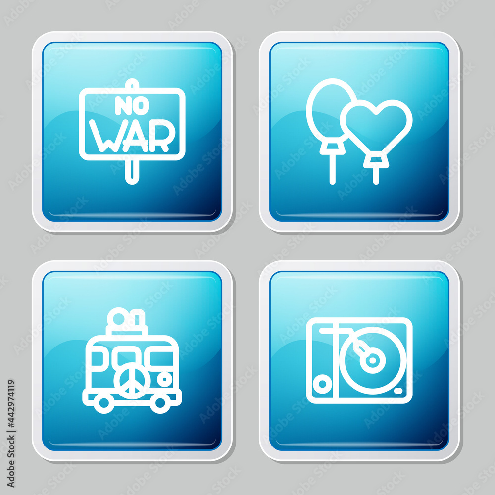 Set line No war, Balloons, Hippie camper van and Vinyl player icon. Vector Set line No war, Balloons, Hippie camper van and Vinyl player icon. Vector