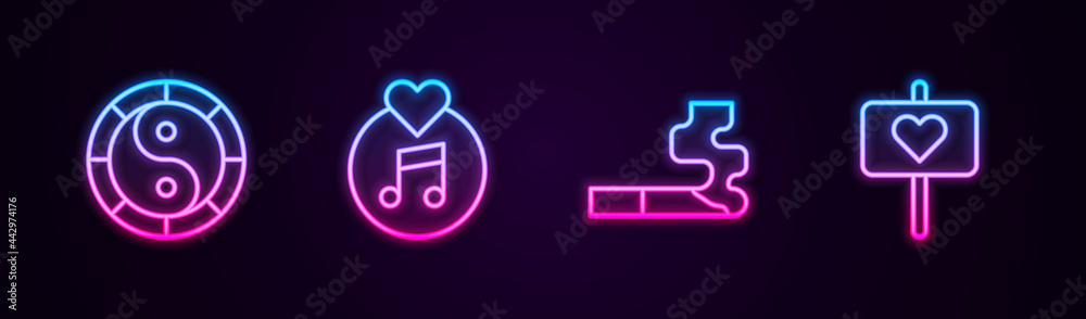 Set line Yin Yang symbol, Vinyl disk, Cigarette and Peace. Glowing neon icon. Vector Set line Yin Yang symbol, Vinyl disk, Cigarette and Peace. Glowing neon icon. Vector