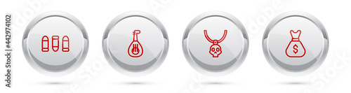 Set line Bullet, Lute, Necklace amulet and Old money bag. Silver circle button. Vector