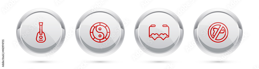 Fototapeta premium Set line Guitar, Yin Yang symbol, Heart shaped love glasses and No war. Silver circle button. Vector