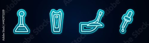 Set line Milling cutter for manicure, Nail, Manicure and Pipette with oil. Glowing neon icon. Vector