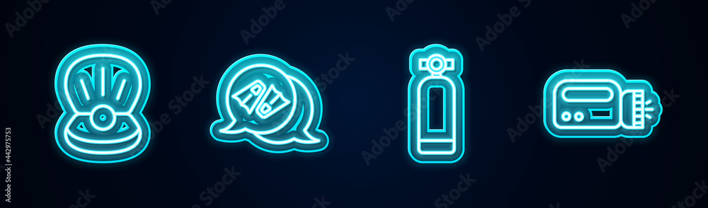 Set line Pearl, Flippers for swimming, Aqualung and Flashlight diver. Glowing neon icon. Vector Set line Pearl, Flippers for swimming, Aqualung and Flashlight diver. Glowing neon icon. Vector