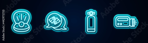 Set line Pearl, Flippers for swimming, Aqualung and Flashlight diver. Glowing neon icon. Vector