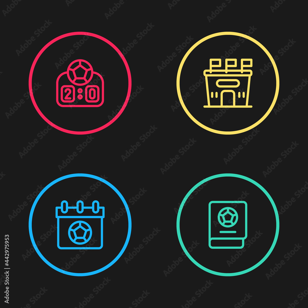 Set line Football or soccer calendar, learning book, stadium and Sport mechanical scoreboard icon. Vector Set line Football or soccer calendar, learning book, stadium and Sport mechanical scoreboard icon. Vector
