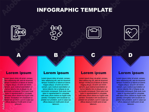 Set line Fitness app, Sports doping with dumbbell, Bathroom scales and Heart rate. Business infographic template. Vector