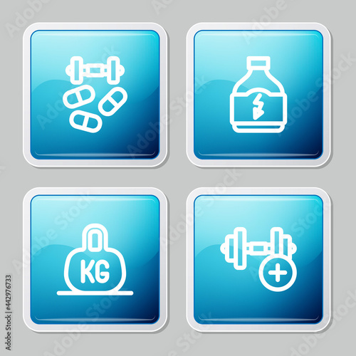 Set line Sports doping with dumbbell, nutrition, Weight and Dumbbell icon. Vector