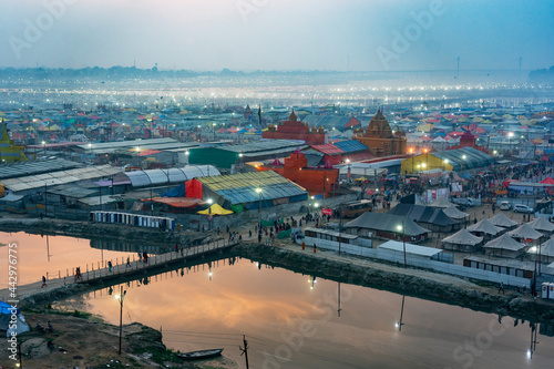 India Uttar Pradesh Allahabad Prayagraj Ardh Kumbh Mela. The temporary city is built on the edge of the Ganges and the Yamuna Rivers and stretches for miles photo
