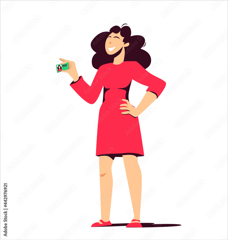 Modern woman in red dress demonstrates identity, badge - identification. Vector illustration isolated on white background Modern woman in red dress demonstrates identity, badge - identification. Vector illustration isolated on white background