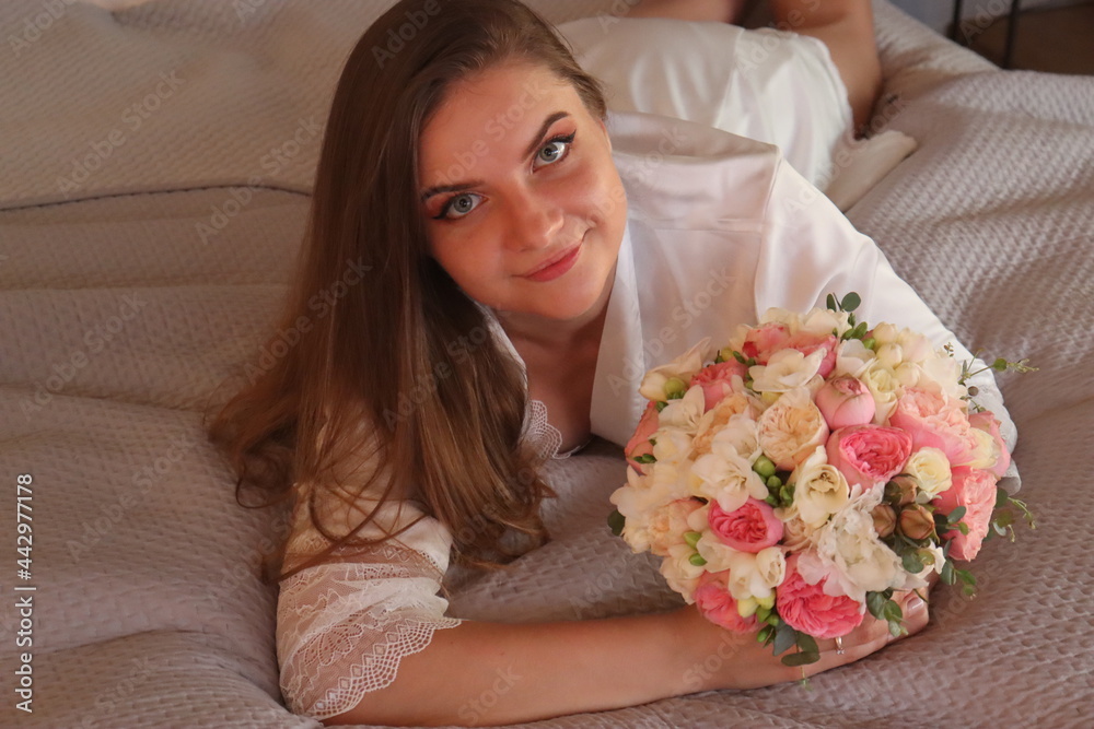 Morning of young bride on balcony Cracow Morning of young bride on balcony Cracow
