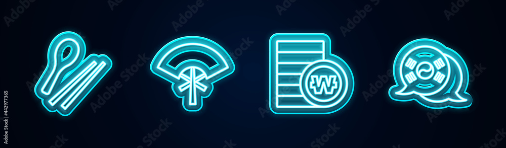 Set line Food chopsticks, Traditional fan, South Korean won coin and flag. Glowing neon icon. Vector Set line Food chopsticks, Traditional fan, South Korean won coin and flag. Glowing neon icon. Vector