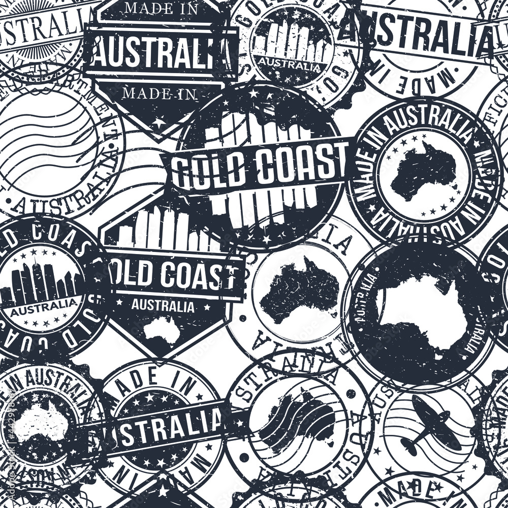 Gold Coast Australia Stamps Background. A City Stamp Vector Art. Set of Postal Passport Travel. Design Set Pattern.