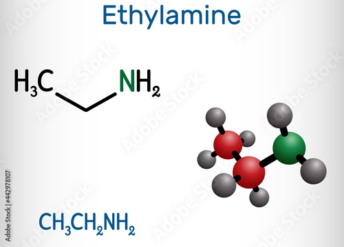 Ethylamine, ethanamine, aminoethane, ethyl amine molecule. It is two-carbon primary aliphatic amine. Structural chemical formula and molecule model