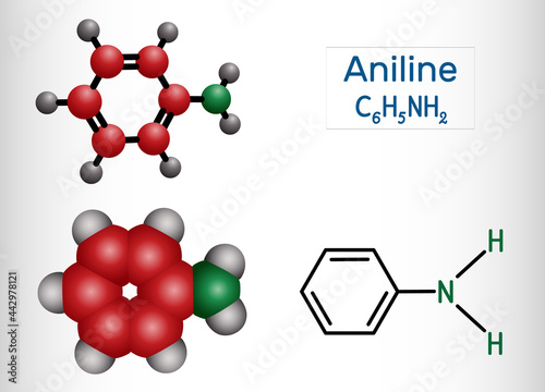 Aniline, phenylamine, aminobenzene, benzenamine, C6H5NH2 molecule. It is primary arylamine, aromatic amine, consisting of phenyl group and amino group. Structural formula, molecule model.