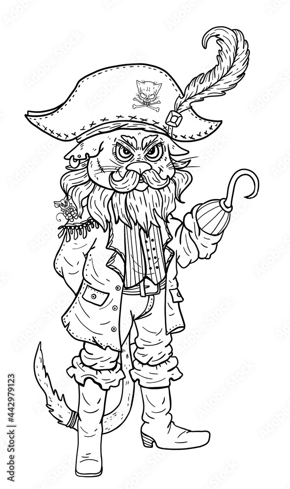 Fantasy character with pointed ears, formidable captain cat with a hook and mouse, frowning cartoon pirate in a hat with a feather and skull, animal with mustache and beards, in a coat and high boots. Fantasy character with pointed ears, formidable captain cat with a hook and mouse, frowning cartoon pirate in a hat with a feather and skull, animal with mustache and beards, in a coat and high boots.
