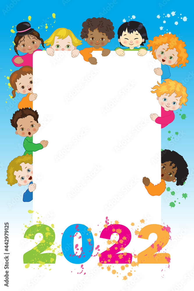 Children with placard wish happy new year 2022