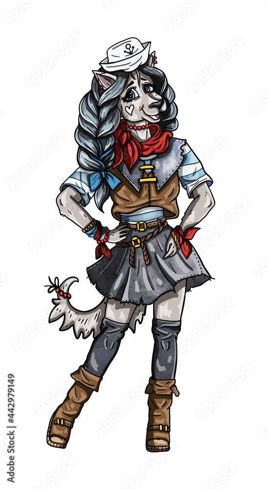 Cartoon character in a skirt, boots and vest, cute mischievous she-wolf sailor with long broad pigtails and bow-knot, kind girl with pointed ears, an elongated muzzle and with fluffy tail.