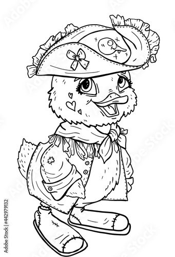 Cute cartoon character in jacket on buttons, kind captain duck with big eyes and round head, little pretty boy in a pirate hat with frills, waterfowl with large legs and a tied scarf around the neck.