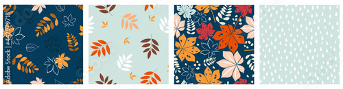 A set of seamless patterns of bright leaves, fern plants, chestnut, maple, simple geometric shapes simple abstract figures, raindrops. Bright autumn print for fabrics, textiles, design. Vector graphic