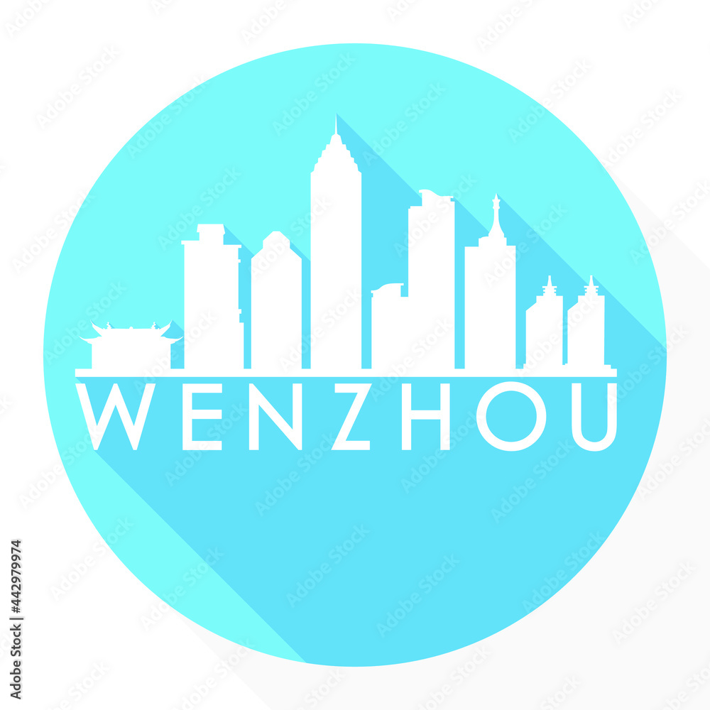 Wenzhou, Zhejiang, China Round Button City Skyline Design. Silhouette Stamp Vector Travel Tourism.