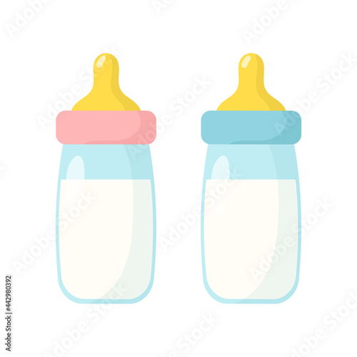 Pink and blue baby bottles isolated on white background. Vector illustration