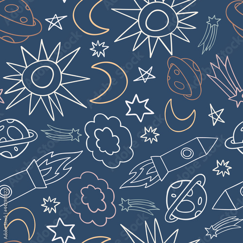 Seamless vector pattern colorful design of outer space with lined planets and rockets in pastel tones