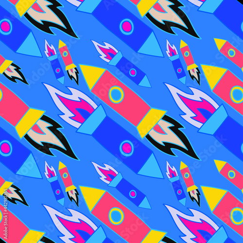 Seamless vector pattern colorful design of outer space with lined rockets in bright blue and pink tones
