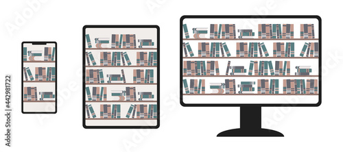 Stack of books on shelves in online library on phone, tablet and desktop. Set of elemnt for digital bookstore illustration. Storage for documents and university literature in application.