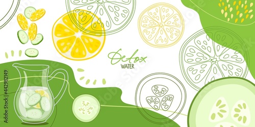 Detox water abstract background. Pieces of lemon and cucumber fall into water jug. Detox water. Flat design for menu, cafe, restaurant, banner, emblem, recipe design, summer party, beverage template