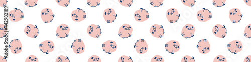 Seamless cartoon pet dog doodle border. Whimsical minimal 2 tone gender neutral color. Kids nursery banner or whimsical character fashion all over print.