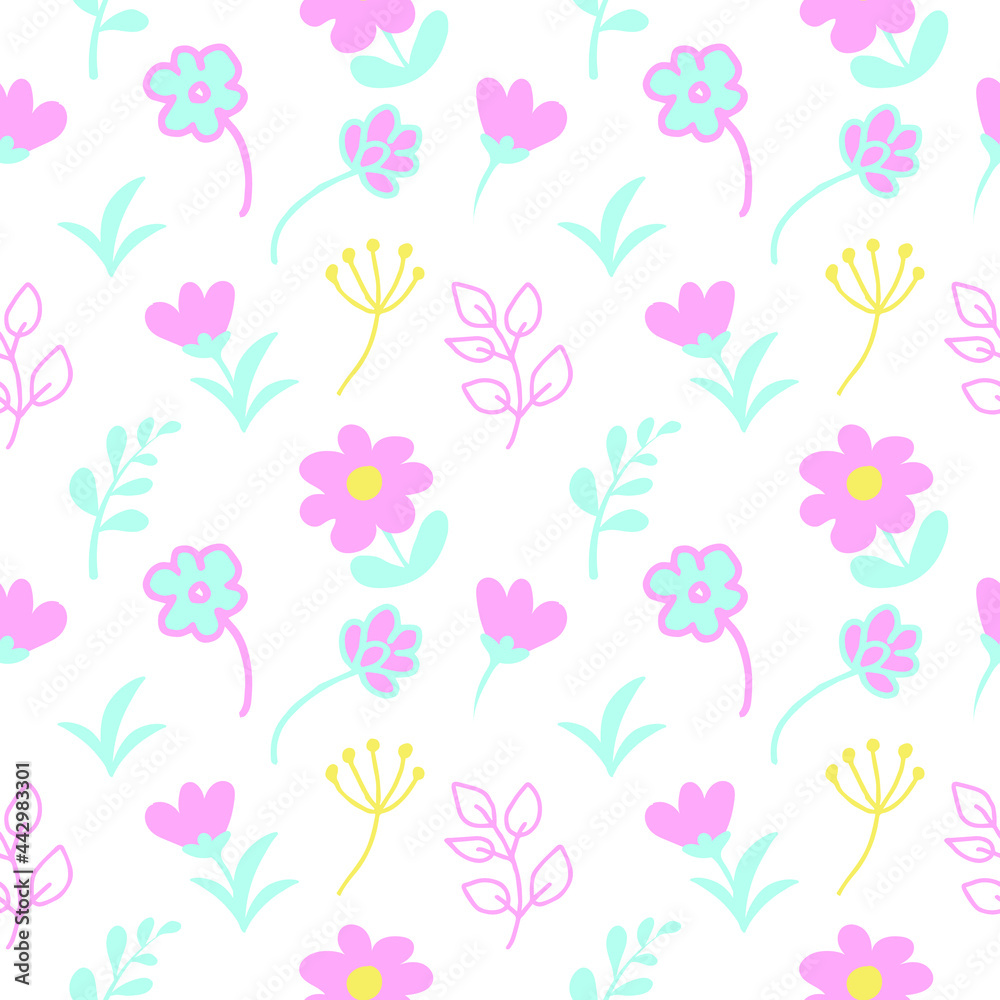 Seamless pattern with cute baby elements. Pastel shades. Vector in flat style. Wildflowers and twigs. Suitable for textiles and packaging.