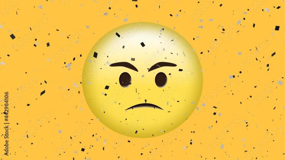 Animation of confetti falling over angry emoji on yellow background Animation of confetti falling over angry emoji on yellow background