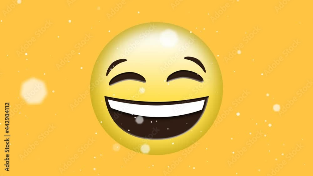 Animation of white spots of light moving over crying with joy emoji on yellow background Animation of white spots of light moving over crying with joy emoji on yellow background