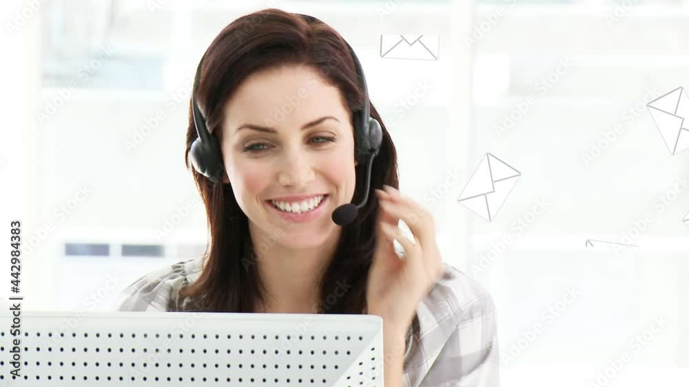 Animation of digital icons over businesswoman using phone headsets