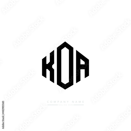 KOA letter logo design with polygon shape. KOA polygon logo monogram. KOA cube logo design. KOA hexagon vector logo template white and black colors. KOA monogram, KOA business and real estate logo.  photo