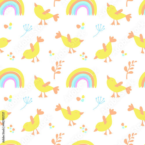 Seamless pattern with cute baby elements. Pastel shades. Vector in flat style. Rainbow  birds and flowers. Suitable for textiles and packaging.