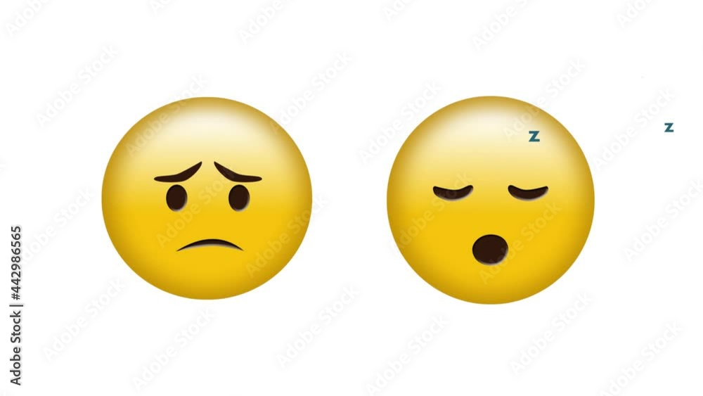 Animation of sad and sleeping emoji icons over white background Animation of sad and sleeping emoji icons over white background