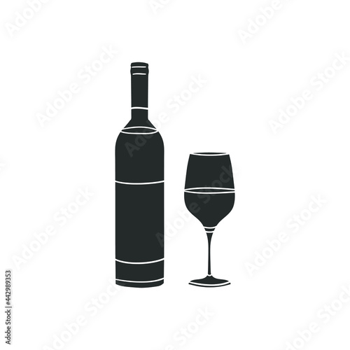 Wine Bottle and Cup Icon Silhouette Illustration. Drink Beverage Vector Graphic Pictogram Symbol Clip Art. Doodle Sketch Black Sign.
