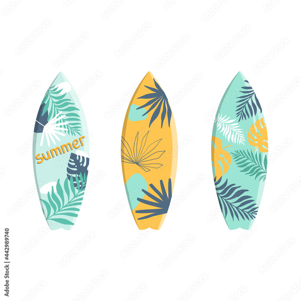 Set of vector surfboards in tropical design with palm and monstera leaves on a white background. Vector illustration for icon, logo, print, card, cover, bags, case, invitation, emblem, label, t-shirt Set of vector surfboards in tropical design with palm and monstera leaves on a white background. Vector illustration for icon, logo, print, card, cover, bags, case, invitation, emblem, label, t-shirt