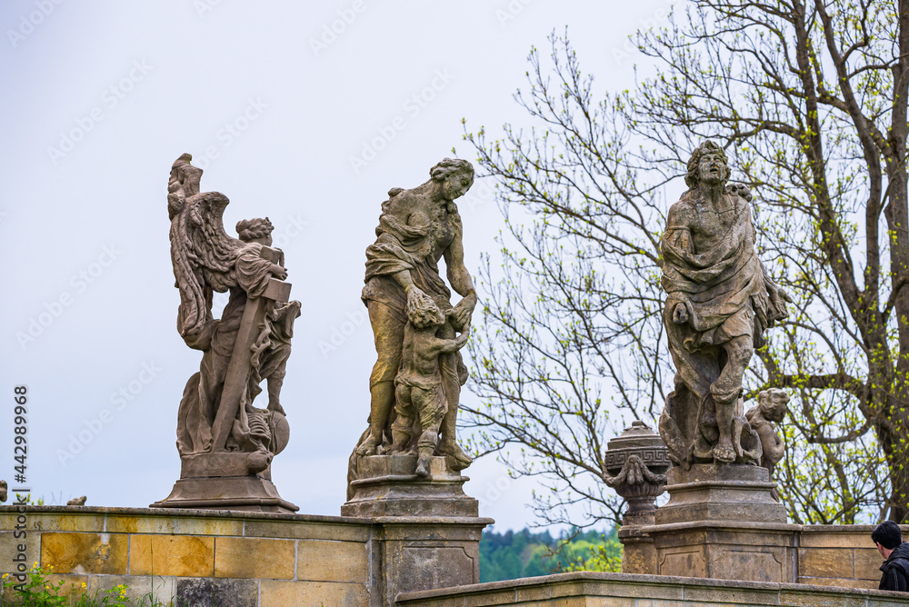 Kuks, Czech republic - May 15, 2021. Area of botanical garden with statues