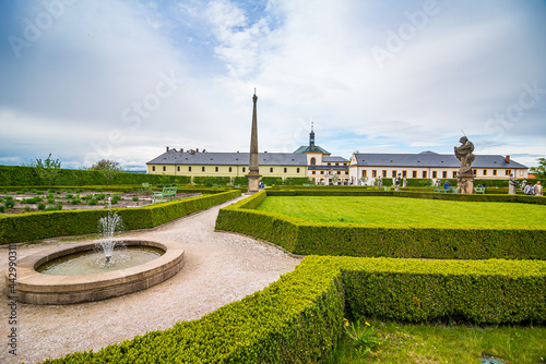 Kuks, Czech republic - May 15, 2021. Area of botanical garden with statues