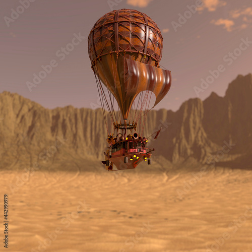 vintage air balloon is crossing the desert mountains